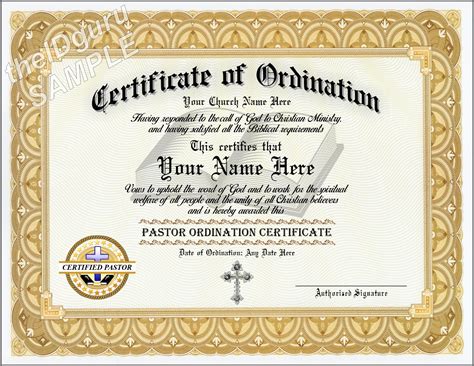 Ordained PASTOR Certificate – Custom printed with your information and Church LOGO | The Id Guru