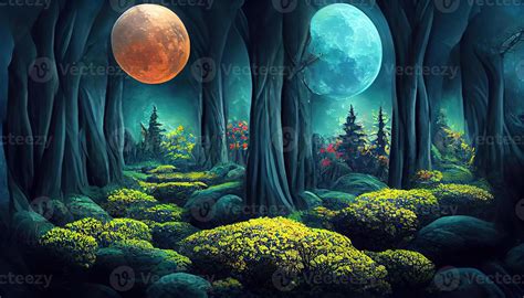 Bright full moon in dark fairy tale forest as wallpaper design ...