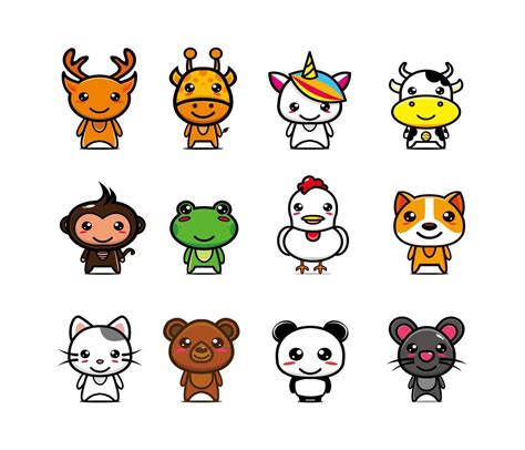 Set collection of cute animal mascot design character. Isolated on a white background. Cute ...