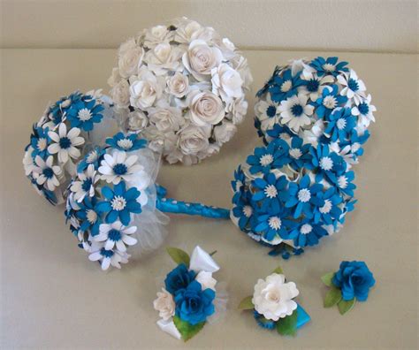 teal and white wedding | Paper flower bouquet, Flowers bouquet, Paper flowers