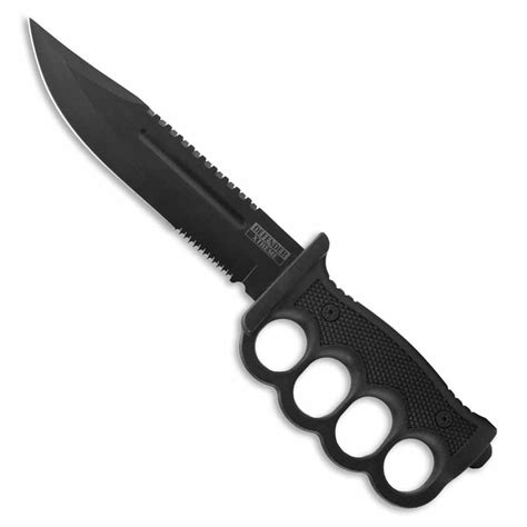 Dark Tactical Trench Knife - Black ABS Knuckle Knives - Serrated Bowie with Survival Sheath ...