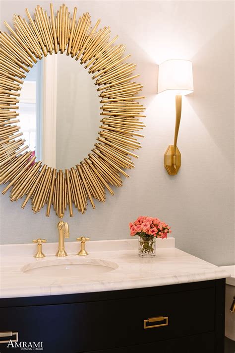 Golden Wall Lamp Sconce, Sunburst Mirror Frame, and Custom Furniture Vanity for Guest Bathroom ...