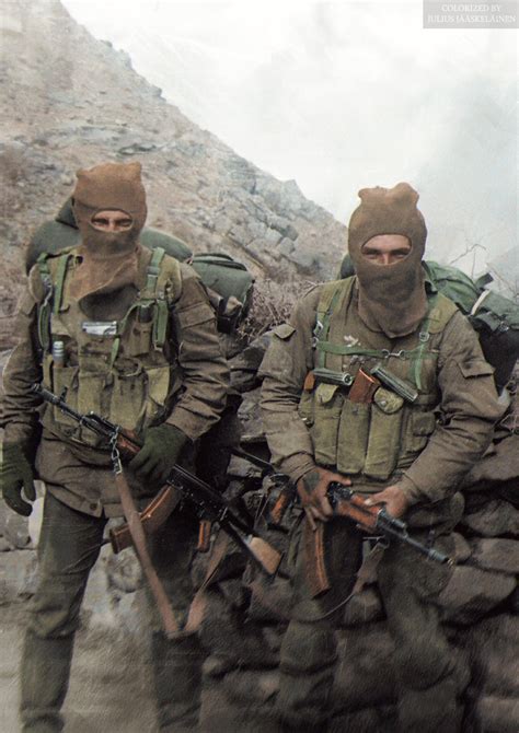 Colorized photo of unidentified Russian soldiers in Afghan mountains during the Soviet-Afghan ...