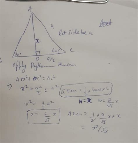 If the length of a median of an equilateral triangle is x cm, then its area is A. x² B. √3/2 x² ...