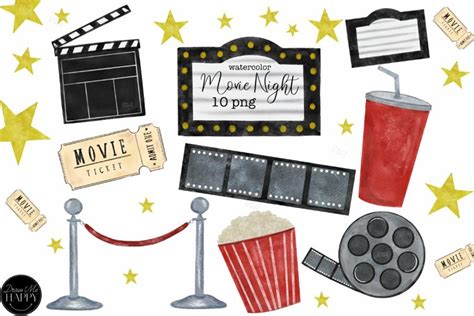 Movie Clipart, Movie Theater Clipart, Popcorn, Clapper Board