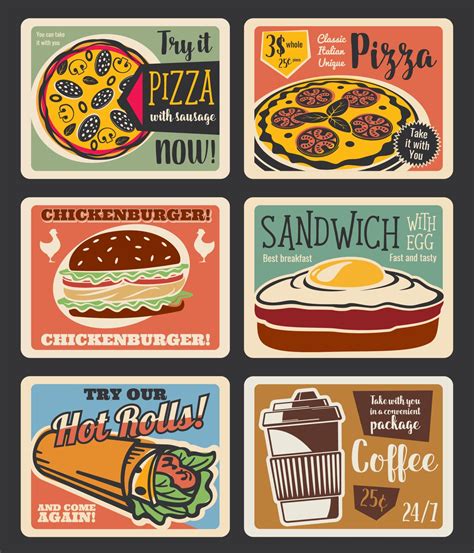 Fast food menu vintage card with takeaway snack 16123373 Vector Art at ...