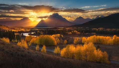 nature, Photography, Landscape, Sunset, Mountains, Sun Rays, Forest, River, Fall, Road, Dry ...