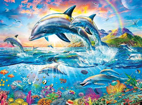 Dolphins, fish, luminos, sea, dolphin, fantasy, water, vara, adrian ...