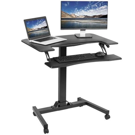 VIVO Black Pneumatic 36" Mobile Height Adjustable Two Platform Compact Standing Desk Rolling ...