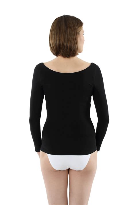 Women's long sleeve undershirt with deep scoop neck stretch cotton black | ALBERT KREUZ