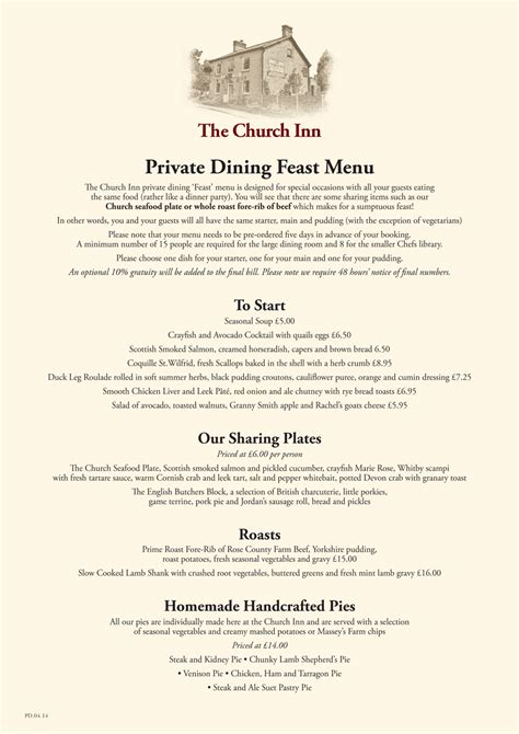 Private Dining Feast Menus @ The Church Inn of mobberley