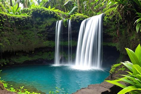 Premium AI Image | a waterfall in the middle of a lush green forest