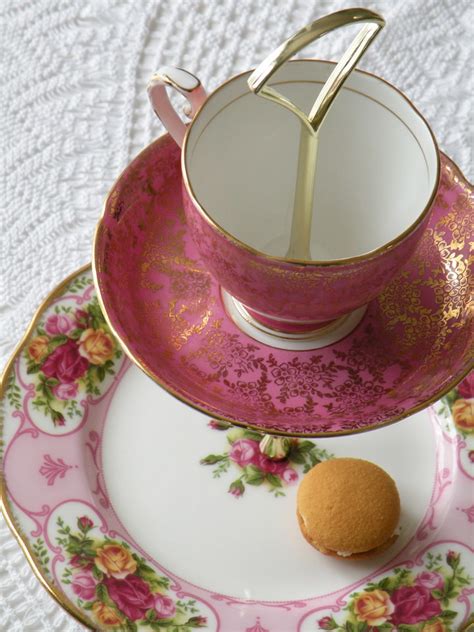 mini tea stand of vintage British china in raspberry pink | Flickr