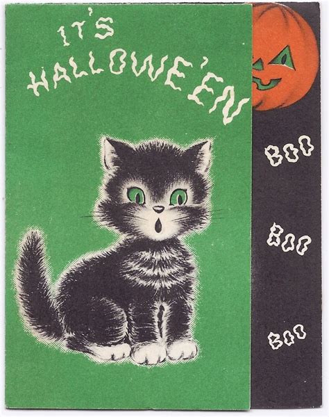 Vintage Norcross Halloween Greeting Card Ghost Pumpkin Cat | Halloween greetings, Vintage ...