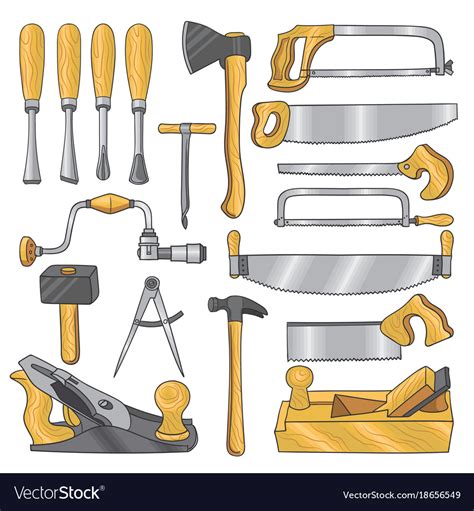 Colored carpentry tools wooden Royalty Free Vector Image