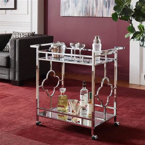 HomeSullivan Chrome Floral Bar Cart With Mirrored Bottom And Glass Top ...