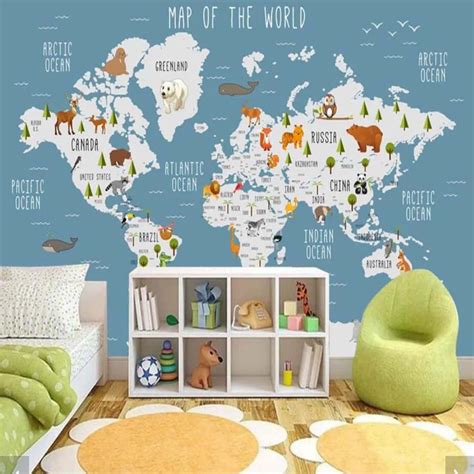 3D Carton Animal World Map Wallpaper Mural for Kids Room Children ...