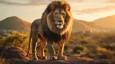 Photo of lion on savanna at sunset. Generative AI 26742616 Stock Photo ...