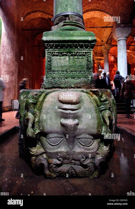 Turkey, Istanbul, the Basilica Cistern, a head of Medusa, turned upside down in one of the ...