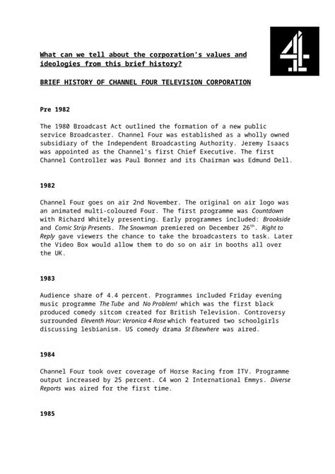 (DOC) BRIEF HISTORY OF CHANNEL FOUR TELEVISION ... · Web viewBRIEF HISTORY OF CHANNEL FOUR ...