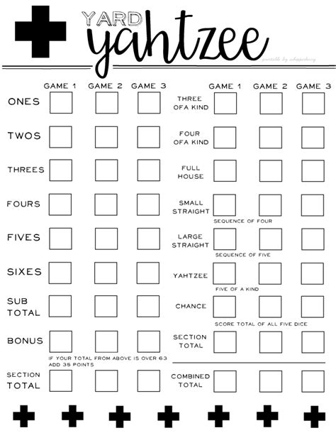 Free Printable Yard Yahtzee Score Card