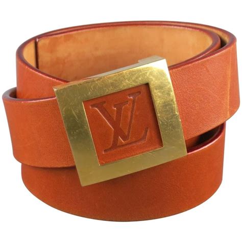 LOUIS VUITTON Size 36 LV Monogram Embossed Tan Leather Gold Square Buckle Belt at 1stDibs ...