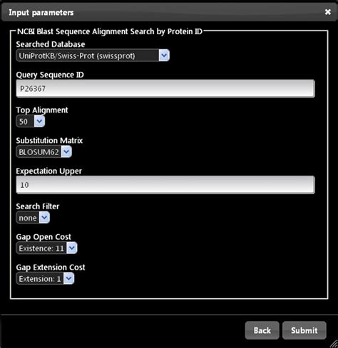 User interface to set input parameters of the "NCBI Blast Sequence ...