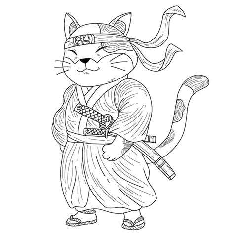 Premium Vector | Coloring page illustration samurai cat