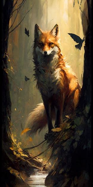 Premium AI Image | Painting of a fox sitting on a tree trunk in a ...