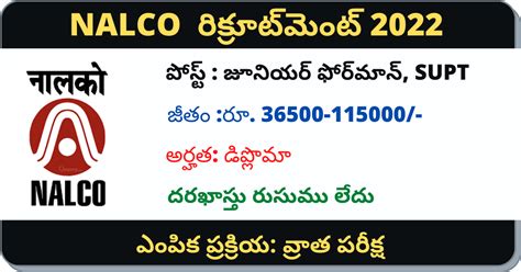 NALCO Recruitment 2022 - Apply Junior Foreman, SUPT Vacancies.