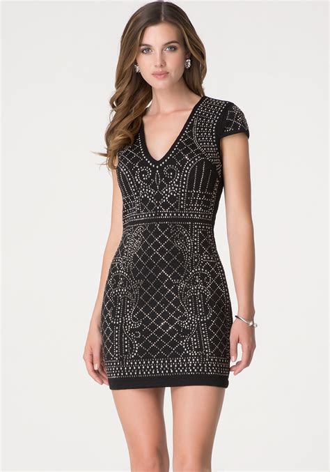 Bebe Studded Quilted Mini Dress in Black | Lyst