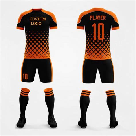 an orange and black soccer uniform with the number 10 on it's chest, shorts and socks