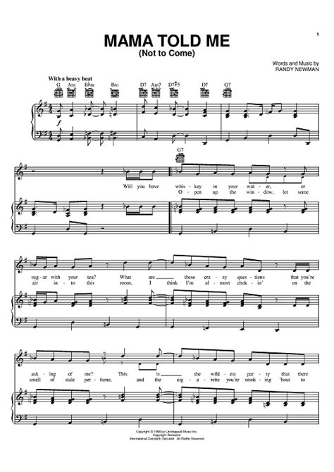 Mama Told Me (Not To Come)" Sheet Music by Three Dog Night for Piano/Vocal/Chords - Sheet Music Now