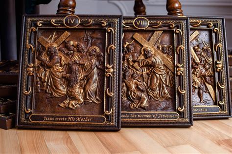 A Set of 14 Wooden Stations of the Cross Different Colors Carved on ...