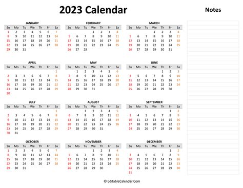 2023 Yearly Calendar with Notes