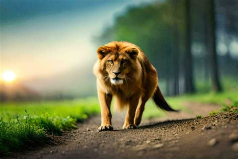 lion walking on a dirt road at sunset. AI-Generated 32582758 Stock Photo at Vecteezy