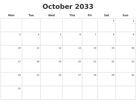 October 2033 Make A Calendar