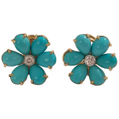 Turquoise Flower Diamonds Cluster Earrings For Sale at 1stDibs