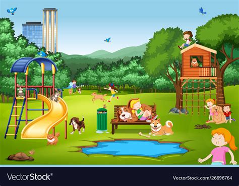 Scene with kids and animals in park Royalty Free Vector