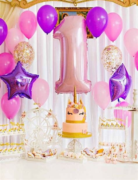 Colorful Balloons And Unicorn Cake For 1th Birthday Backdrop For Photography | Birthday backdrop ...