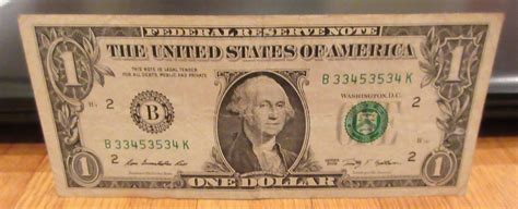 TRINARY SERIAL NUMBER Rare Federal Reserve Note, One Dollar Bill,money, Currency, 2009 Series B ...