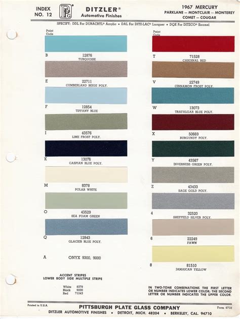 1967 Mercury Color Paint Chips Ditzler Parklane Montclair Monterey ...