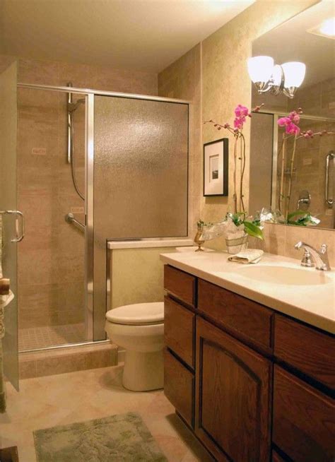 pleasing small bathroom showers ideas with beige granite cabinet top ...