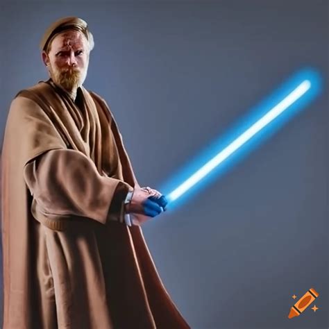 Obi-wan kenobi holding blue lightsaber in right hand and wearing his brown jedi cloak, desert as ...