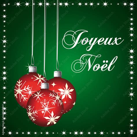 Merry christmas in french language. Green and red greeting card with ...