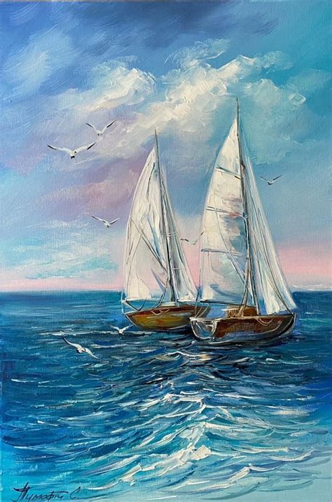 Original Sailboats Sea Oil Painting on Canvas, Blue Ocean Waves Wall ...