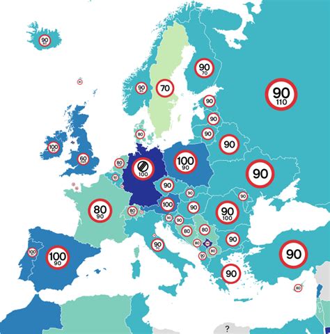 [OC] Speed Limits Map of Europe (in km/h, unless otherwise stated) of ...