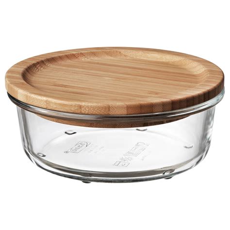 IKEA 365+ round glass, glass bamboo, Food container with lid, Diameter: 14 cm Volume: 400 ml - IKEA