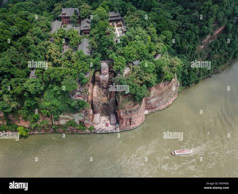 Aerial view of the Leshan Giant Buddha after renovating its damaged chest and abdomen and remove ...