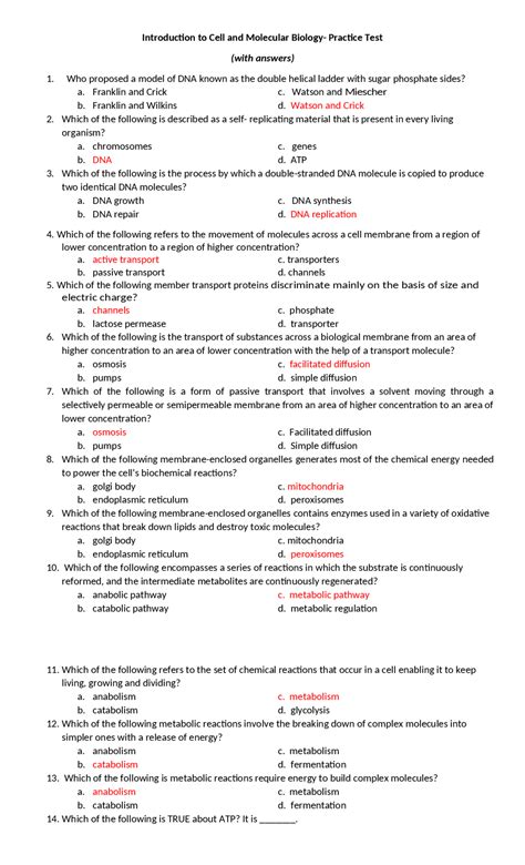 Introduction to Cell and Molecular Biology- Practice Test - Docsity